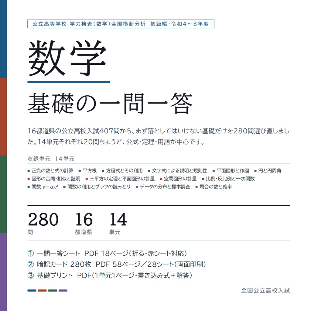 【9月限定セール中】【スマホアプリ付き】【5教科フルセット】全国版公立高校入試対策 基礎の一問一答&暗記カード+演習プリント(国・数・英・理・社/2022-2026年 過去問横断分析 初級編)