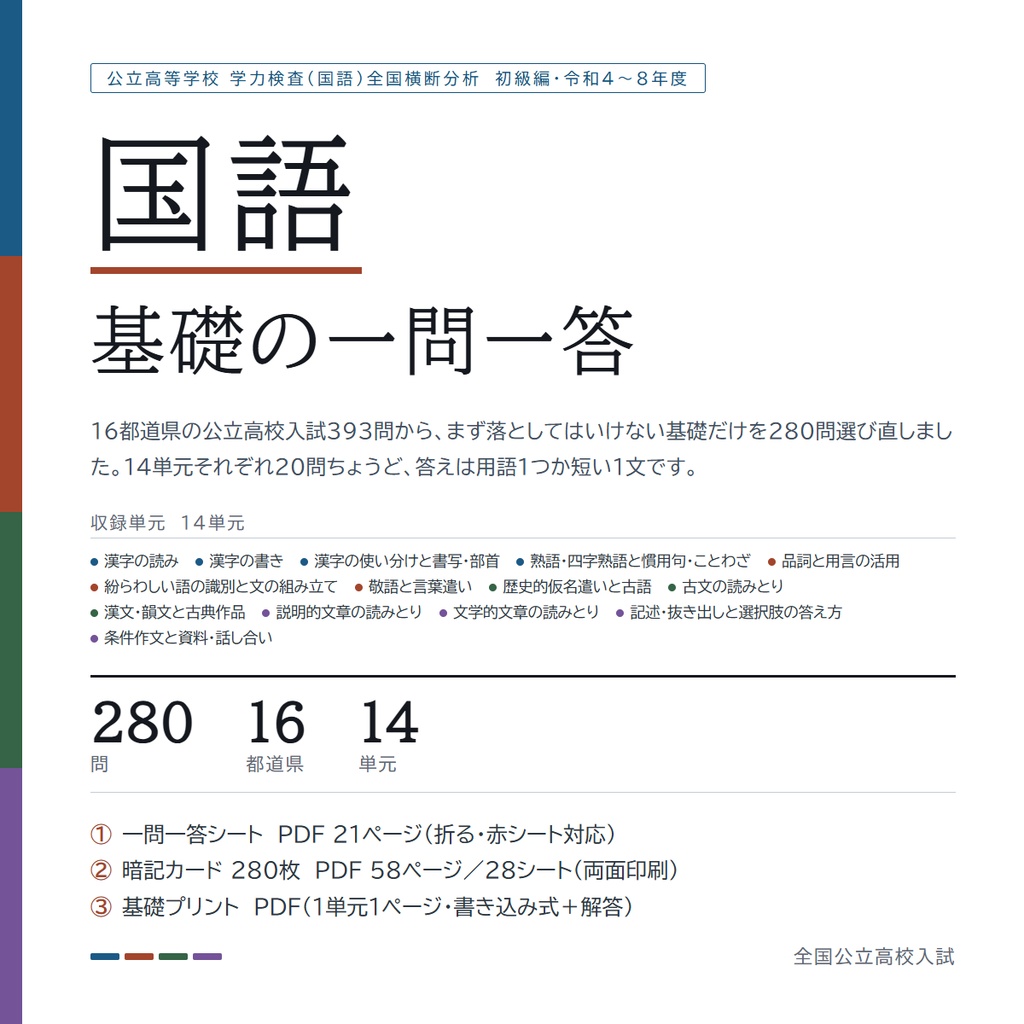 【9月限定セール中】【スマホアプリ付き】【塾・教室利用ライセンス】全国版公立高校入試対策 基礎の一問一答&暗記カード+演習プリント 5教科フルセット(印刷・配布無制限/2022-2026年 過去問横断分析 初級編)