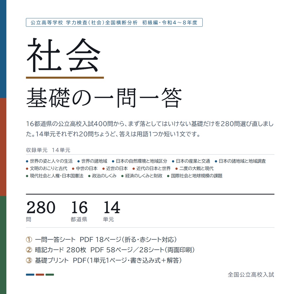【9月限定セール中】【スマホアプリ付き】【塾・教室利用ライセンス】全国版公立高校入試対策 基礎の一問一答&暗記カード+演習プリント 5教科フルセット(印刷・配布無制限/2022-2026年 過去問横断分析 初級編)