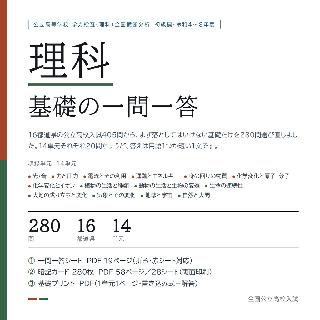 【９月限定セール中】【スマホアプリ付き】【塾・教室利用ライセンス】全国版公立高校入試対策 基礎の一問一答＆暗記カード＋演習プリント 5教科フルセット（印刷・配布無制限／2022-2026年 過去問横断分析 初級編）