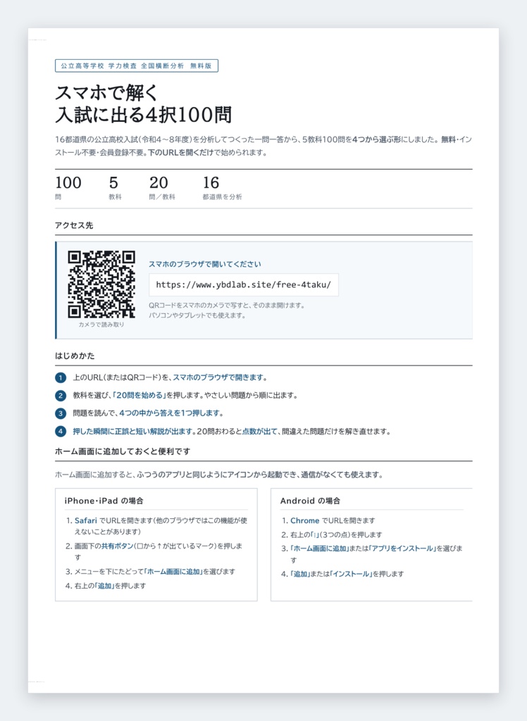 【無料】【スマホアプリ】【4択式】全国版公立高校入試対策 入試に出る4択 5教科100問(国・数・英・理・社/2022-2026年 過去問横断分析)