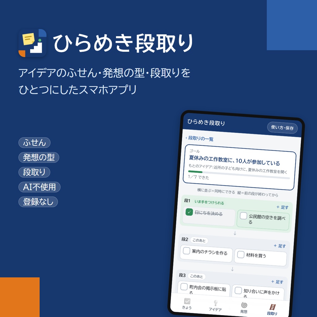 スマホアプリ「ひらめき段取り」｜アイデアのふせん・発想の6つの型・段取りをひとつに（アプリストア不要）