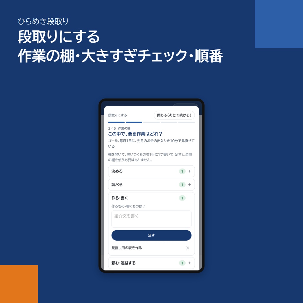 スマホアプリ「ひらめき段取り」|アイデアのふせん・発想の6つの型・段取りをひとつに(アプリストア不要)