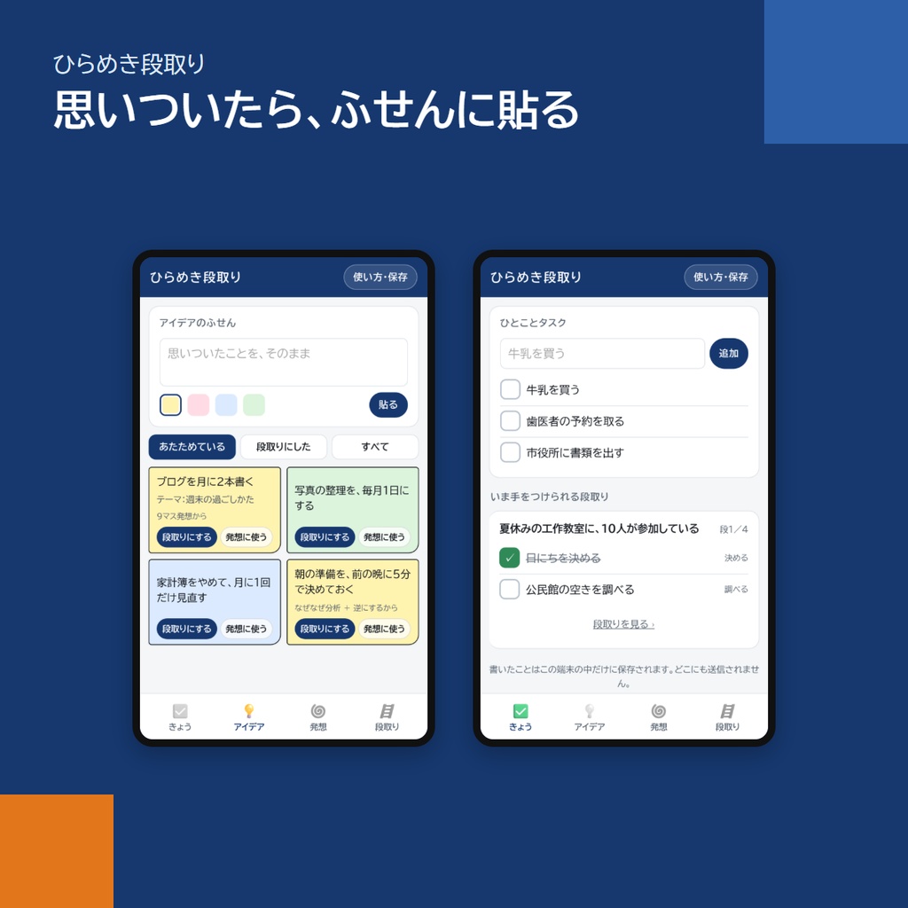 スマホアプリ「ひらめき段取り」|アイデアのふせん・発想の6つの型・段取りをひとつに(アプリストア不要)