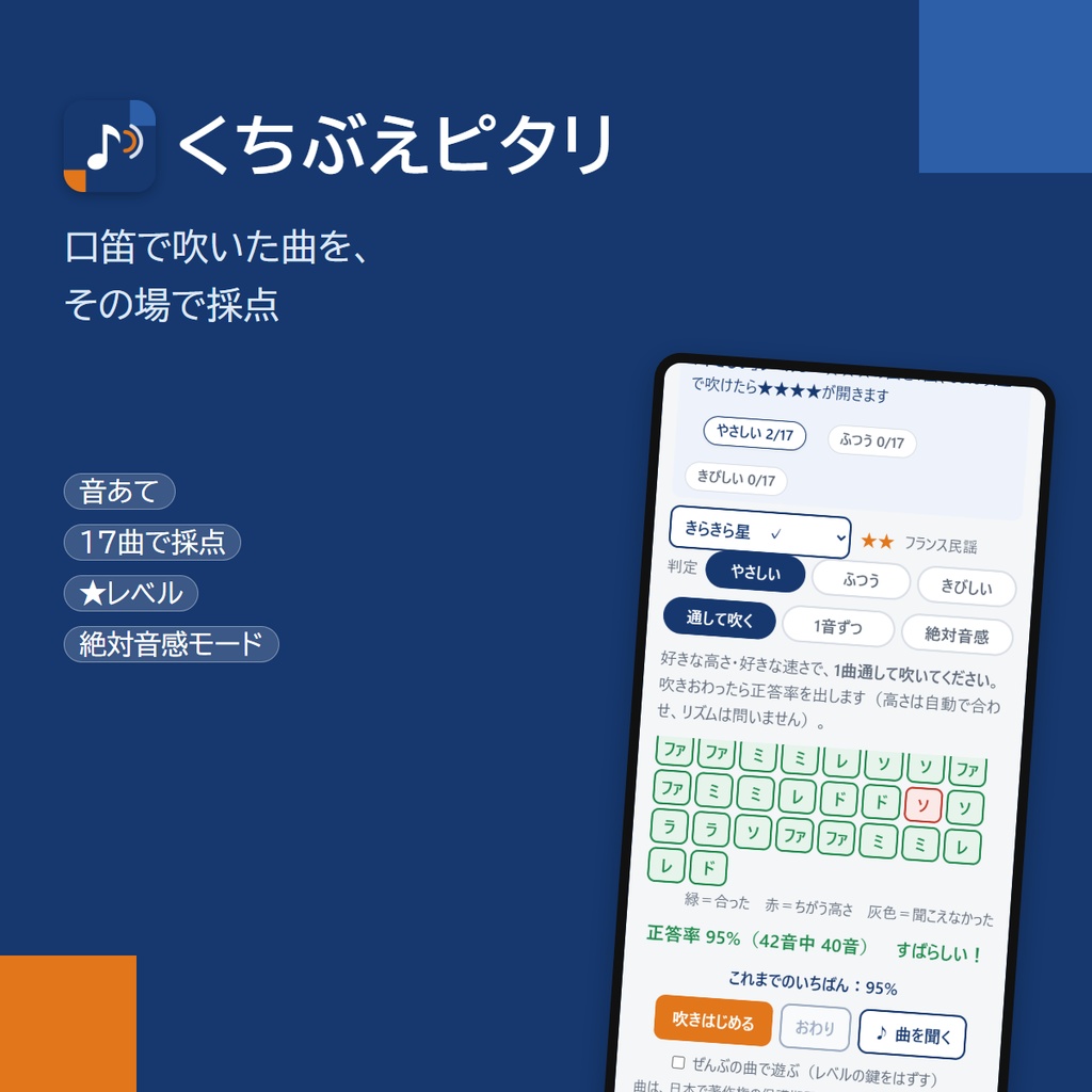 口笛の音程を判定するスマホアプリ「くちぶえピタリ」｜吹いた曲を採点・ドレミの音あて・唱歌17曲（アプリストア不要）