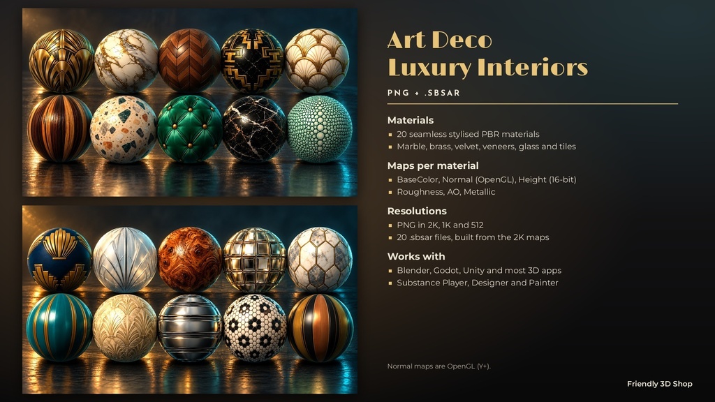 Art Deco Luxury Interiors Texture Pack - 20 Stylised PBR Materials
