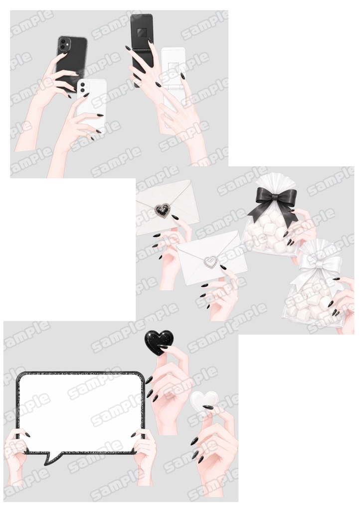 黒ネイル♡手素材セット 全48種+おまけ【透過PNG】