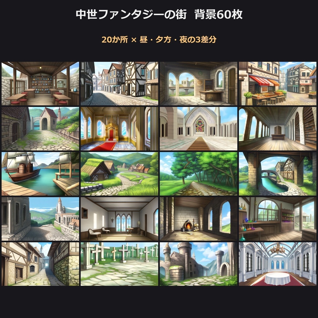 【背景60枚】中世ファンタジーの街｜昼・夕方・夜差分【TRPG背景素材/ココフォリア/ゲーム素材】