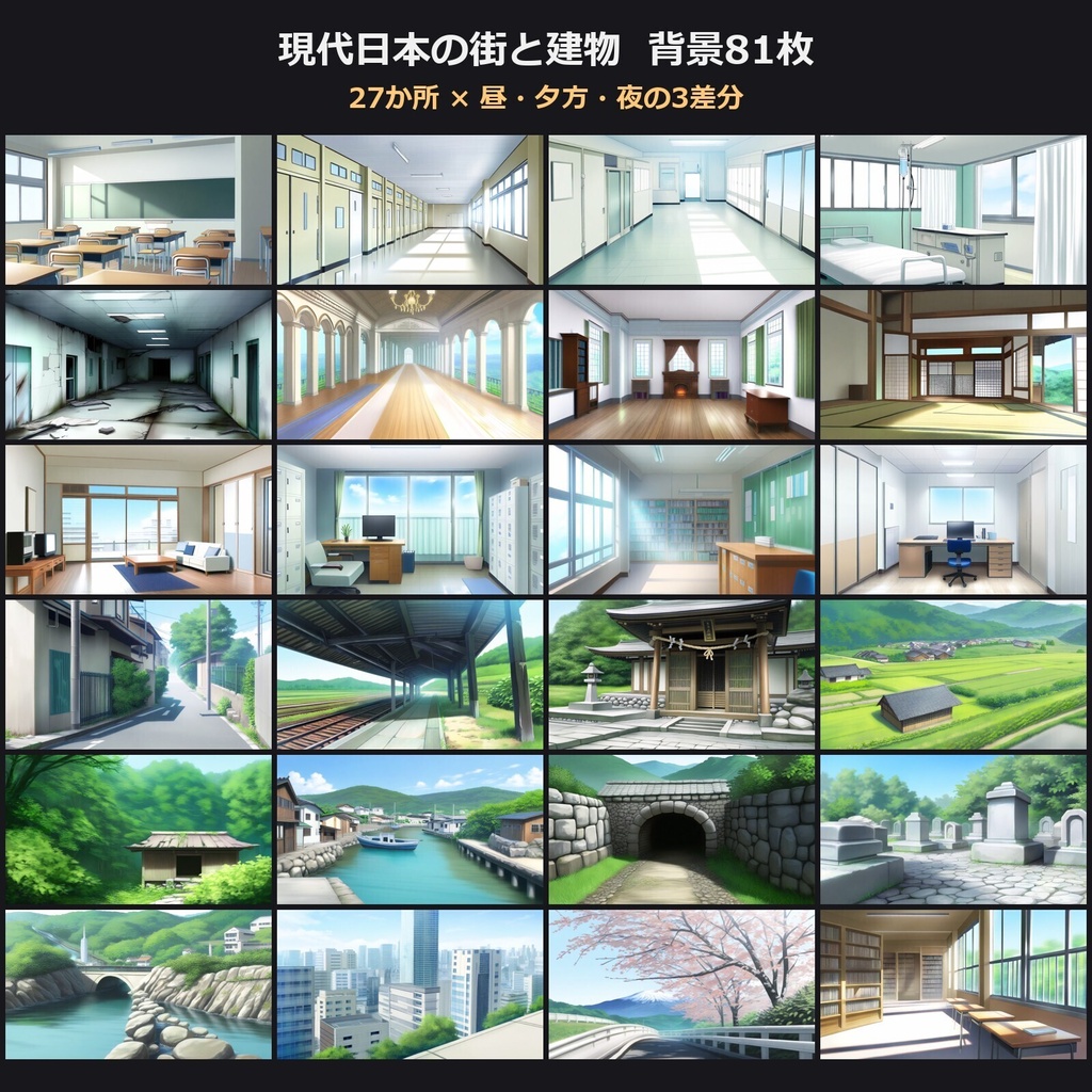 【背景81枚】現代日本の街と建物｜学校・病院・洋館・廃墟｜昼・夕方・夜差分【TRPG背景素材/ココフォリア/CoC】
