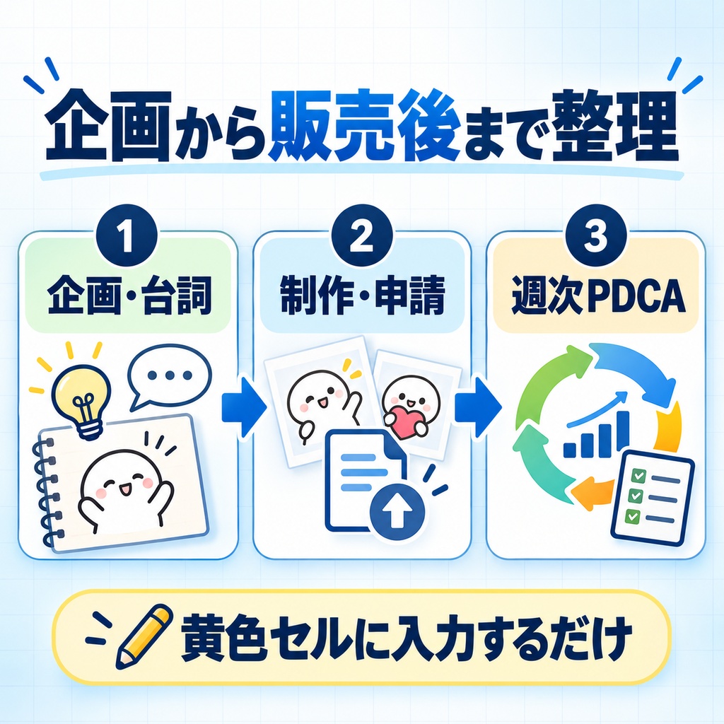 LINEスタンプ販売PDCA管理シート|企画・台詞・申請・週次売上をExcelで一括管理