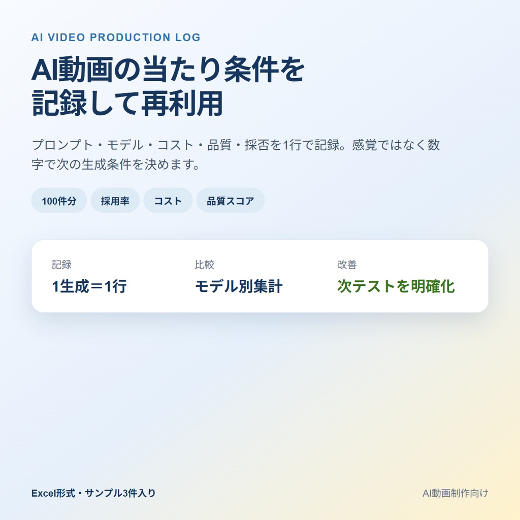 AI動画 生成ログ＆比較シート｜プロンプト・モデル・コスト・採用結果をExcelで記録