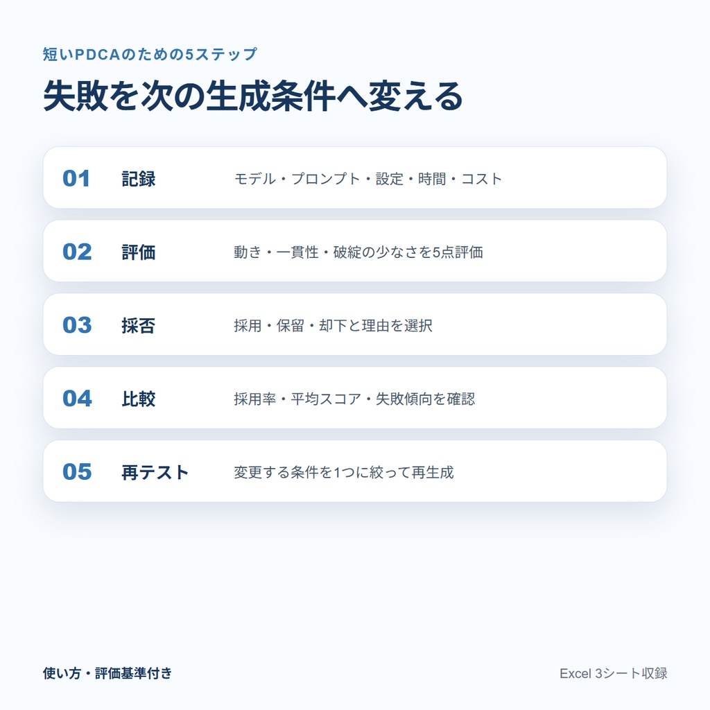AI動画 生成ログ&比較シート|プロンプト・モデル・コスト・採用結果をExcelで記録