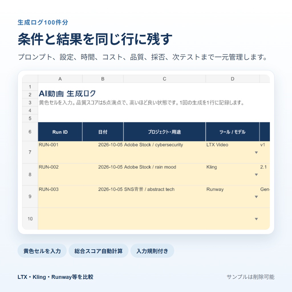 AI動画 生成ログ&比較シート|プロンプト・モデル・コスト・採用結果をExcelで記録