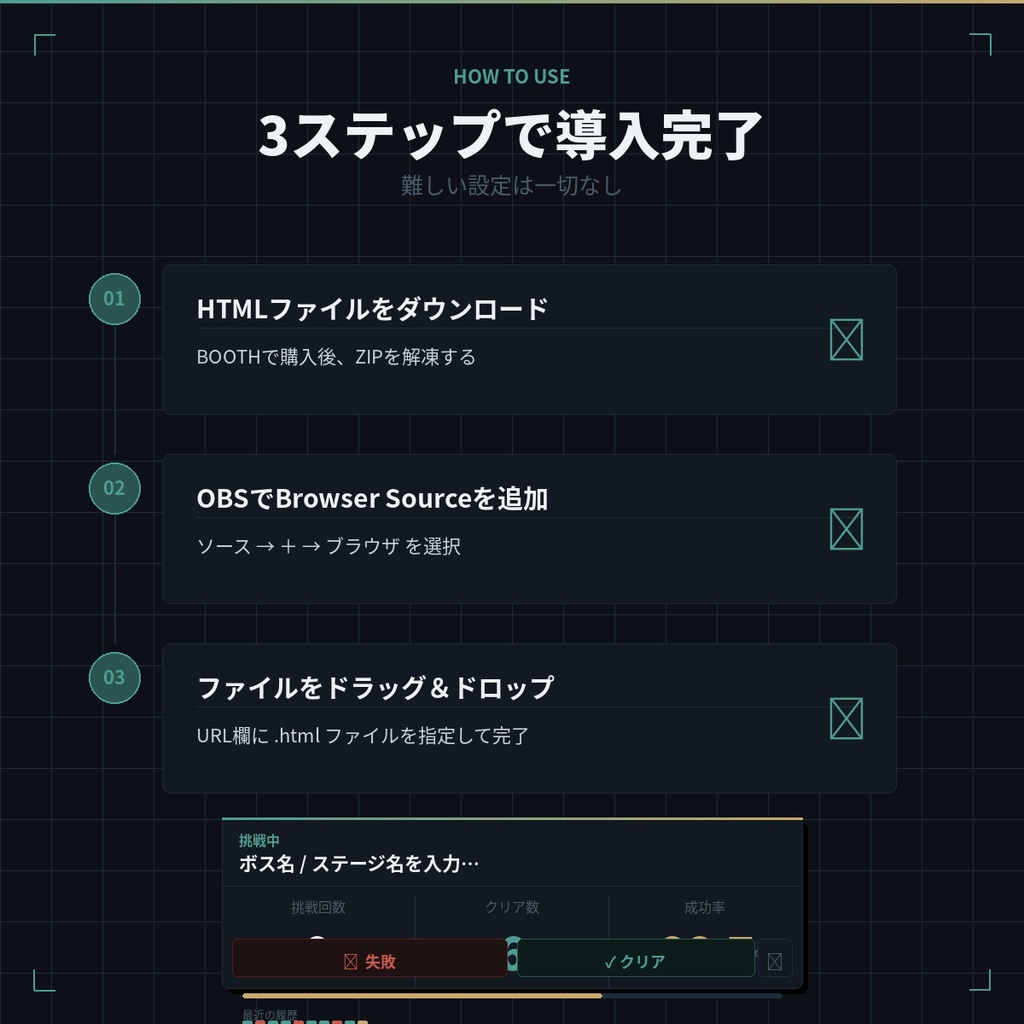 【OBSに置くだけ簡単】挑戦トラッカー|ゲーム配信者向け挑戦回数・成功率ウィジェット