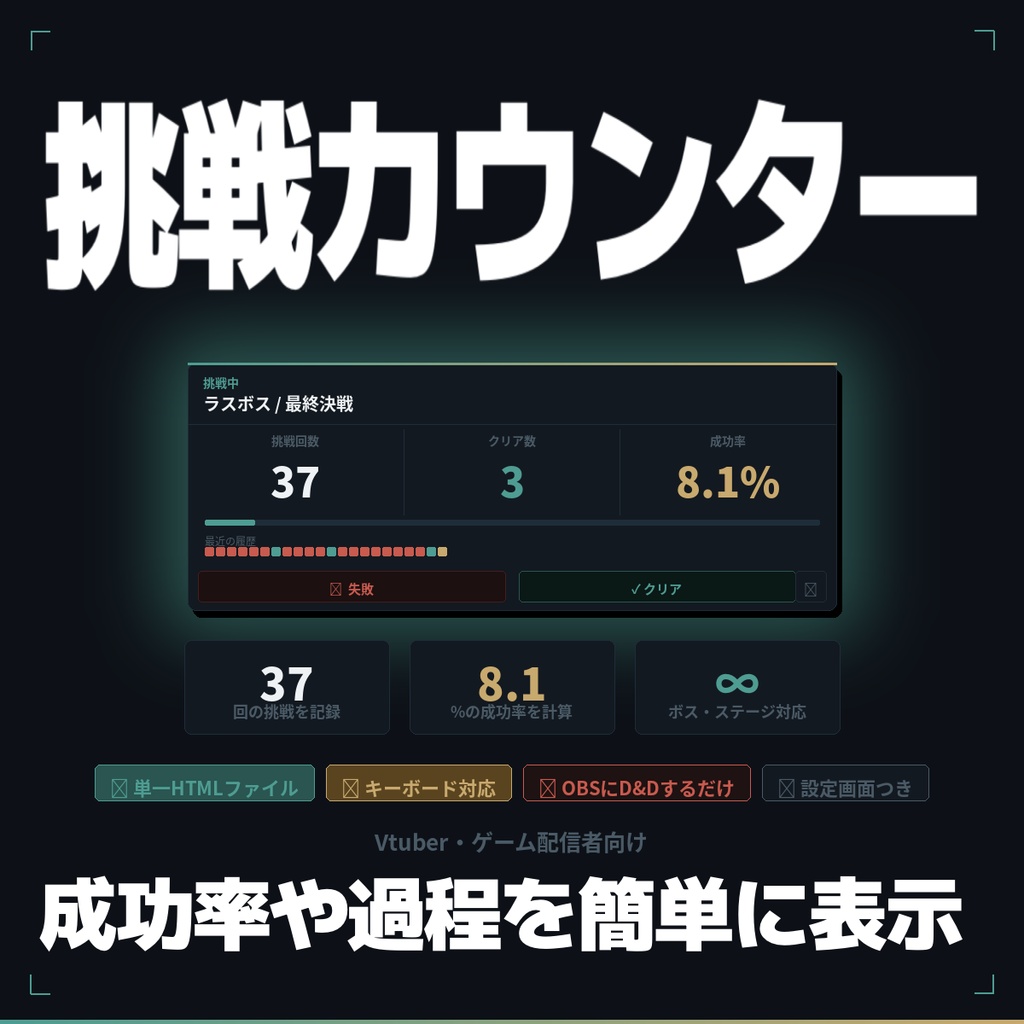 【OBSに置くだけ簡単】挑戦トラッカー｜ゲーム配信者向け挑戦回数・成功率ウィジェット