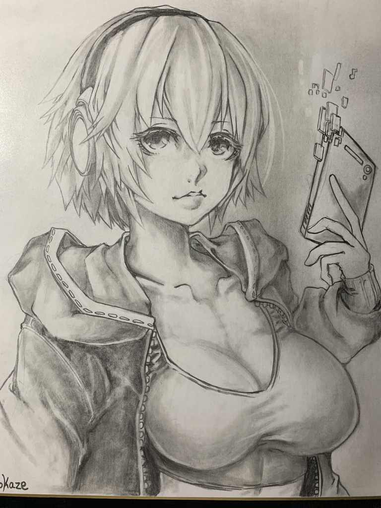 ヘッドフォン(色紙　鉛筆画)