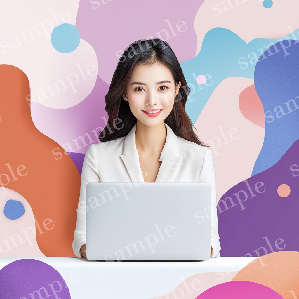 【人物あり|パソコン×女性】カラフル背景素材5枚セット Vol.2