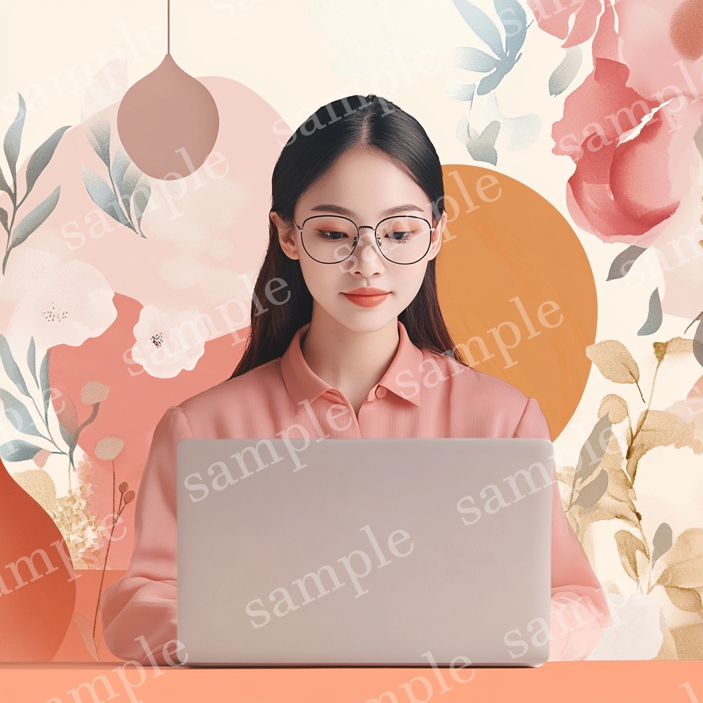 【人物あり|パソコン×女性】カラフル背景素材5枚セット Vol.2