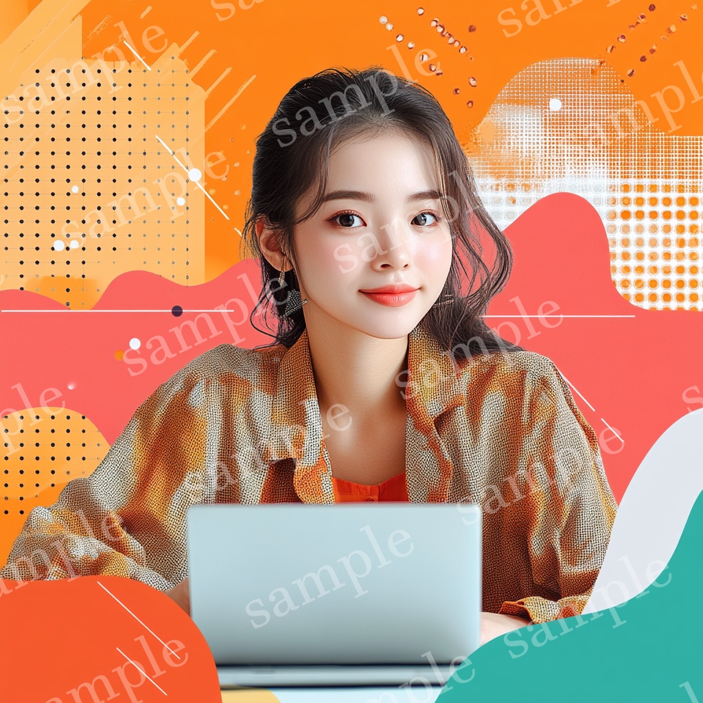 【人物あり|パソコン×女性】カラフル背景素材5枚セット Vol.2