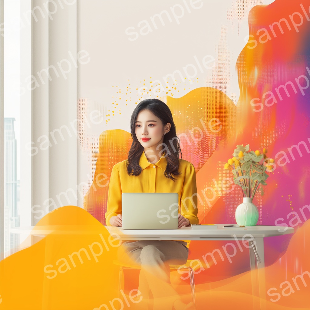 【人物あり|パソコン×カラフル上品女性】透明感のあるビジュアル素材5枚セット vol.6