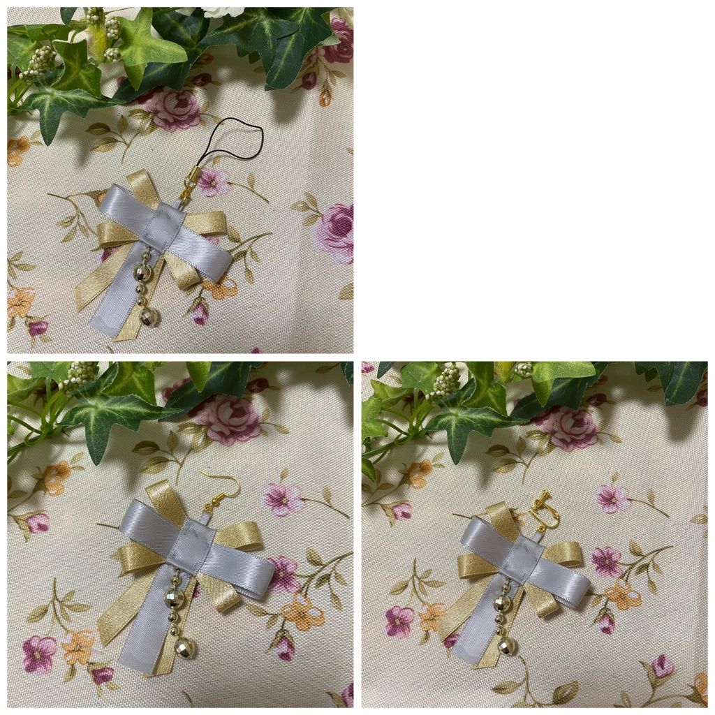 リボンティアーズ 灰 ストラップ イヤリング