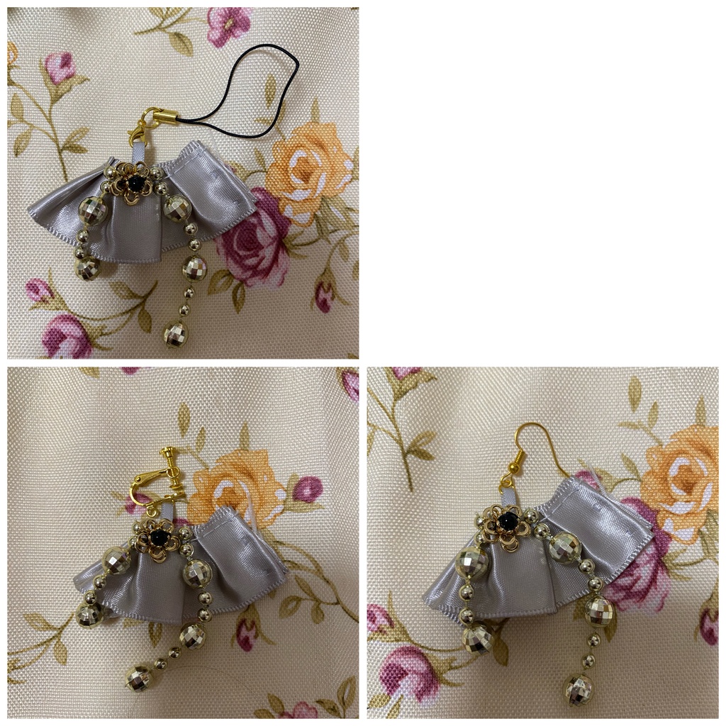 ロゼット ストラップ イヤリング 灰