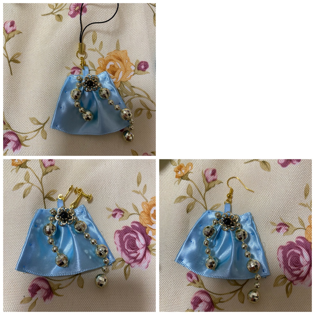 ロゼット ストラップ イヤリング 水色