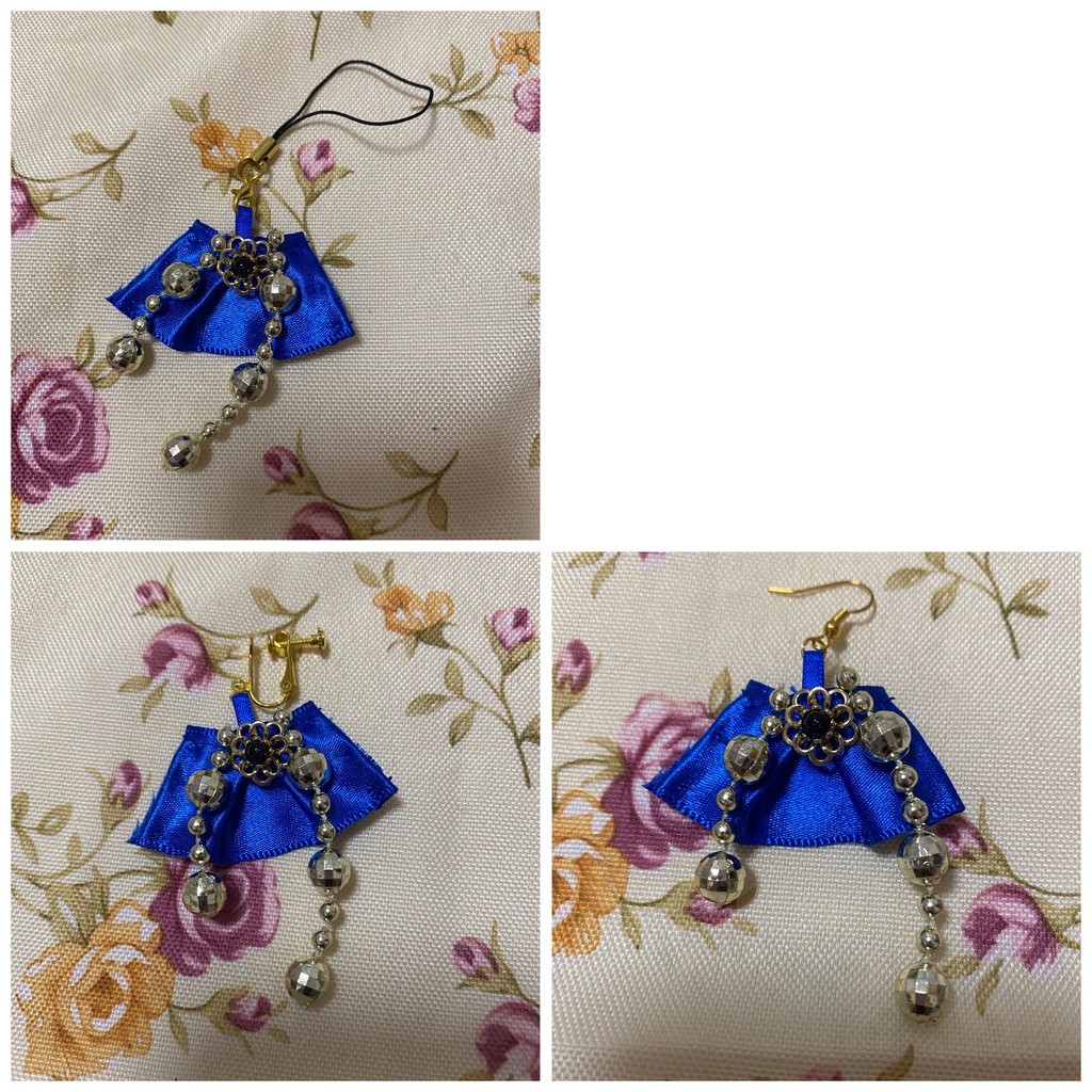 ロゼット ストラップ イヤリング 青