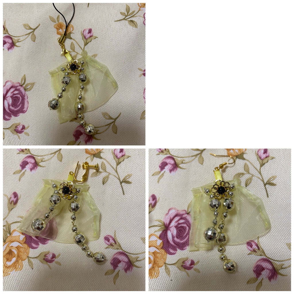 ロゼット ストラップ イヤリング 黄色