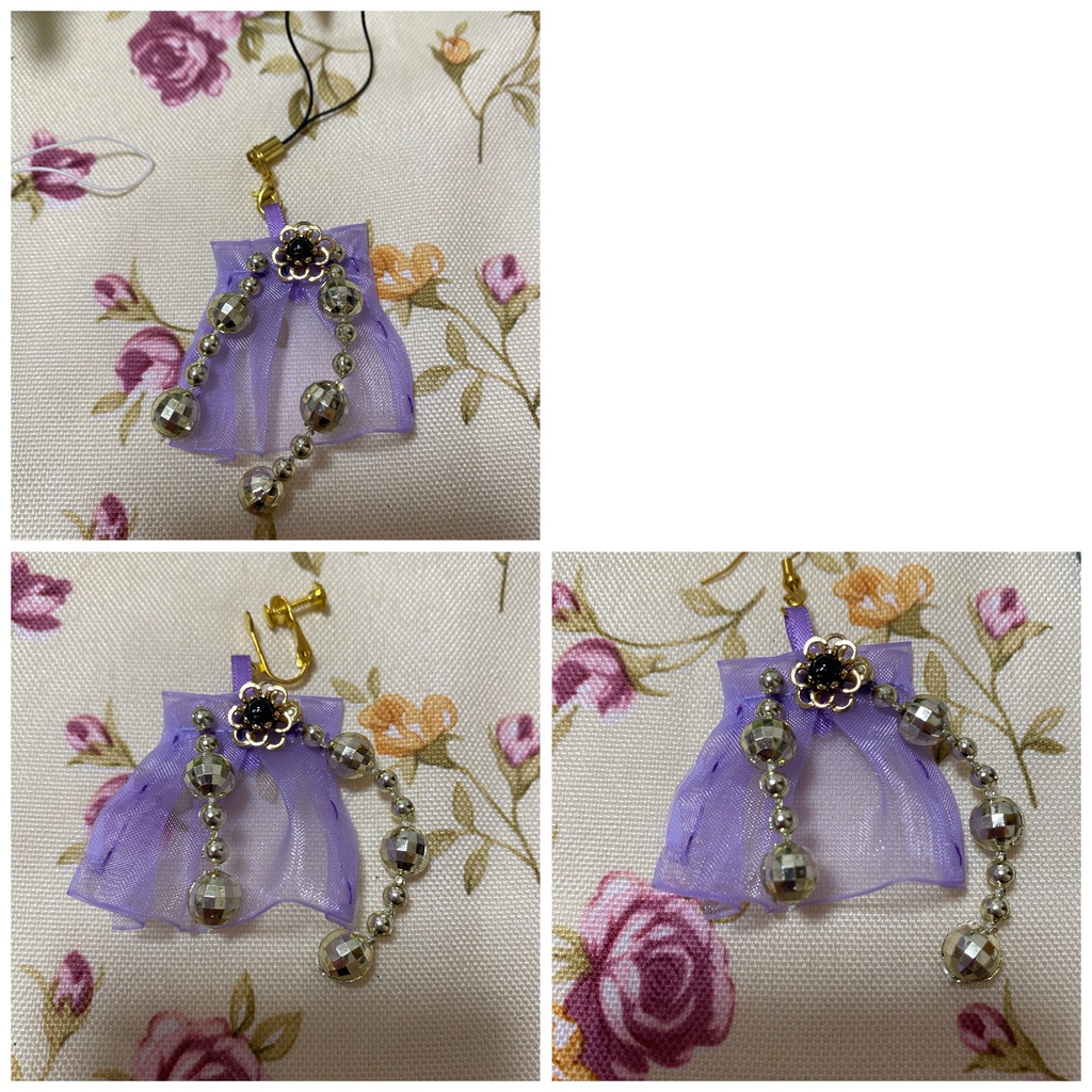 ロゼット ストラップ イヤリング 紫