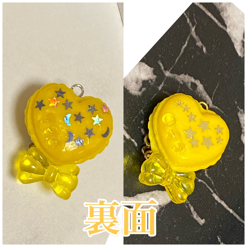 デコハートマカロン ストラップ イヤリング ピアス 黄色