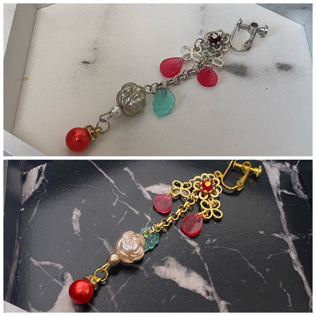 ローズペタル イヤリング ピアス ストラップ 赤