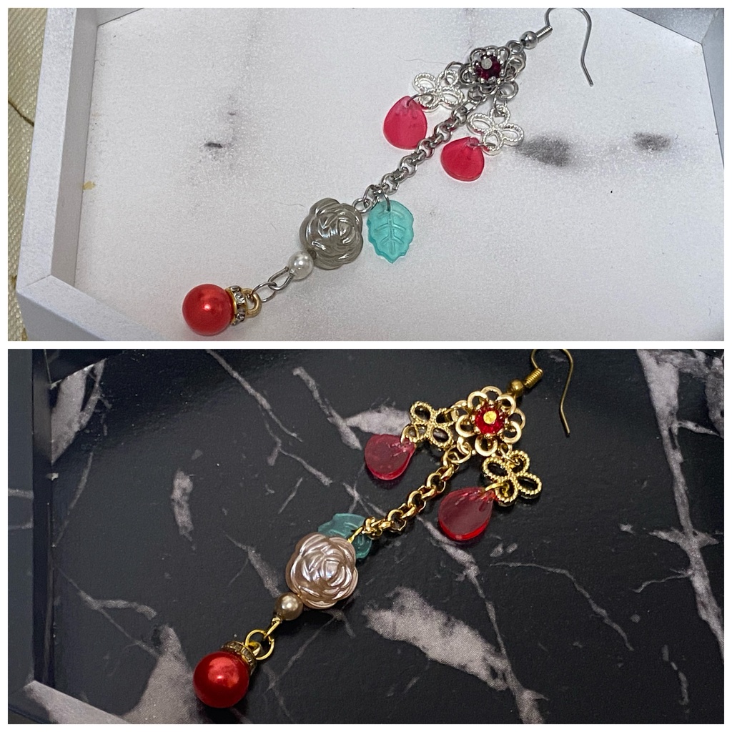 ローズペタル イヤリング ピアス ストラップ 赤