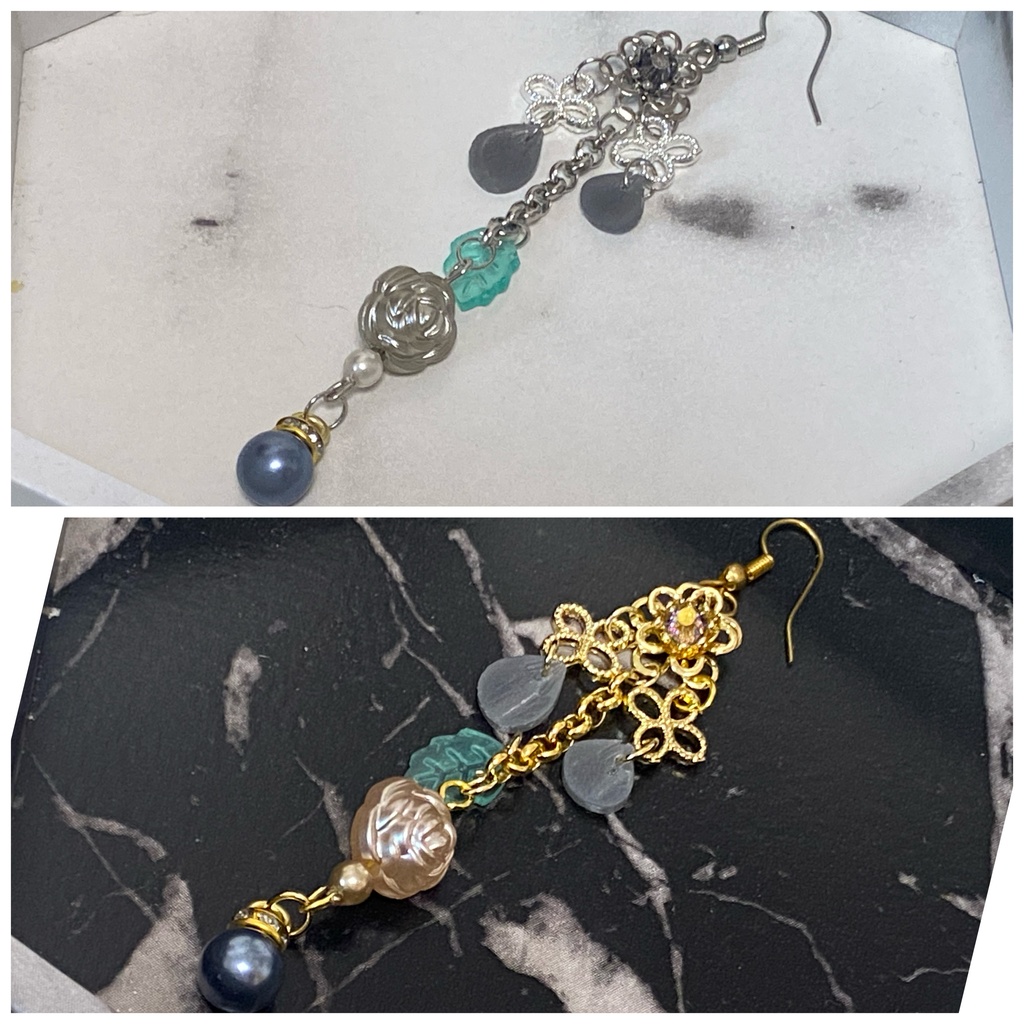 ローズペタル イヤリング ピアス ストラップ 灰