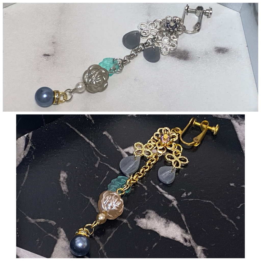 ローズペタル イヤリング ピアス ストラップ 灰