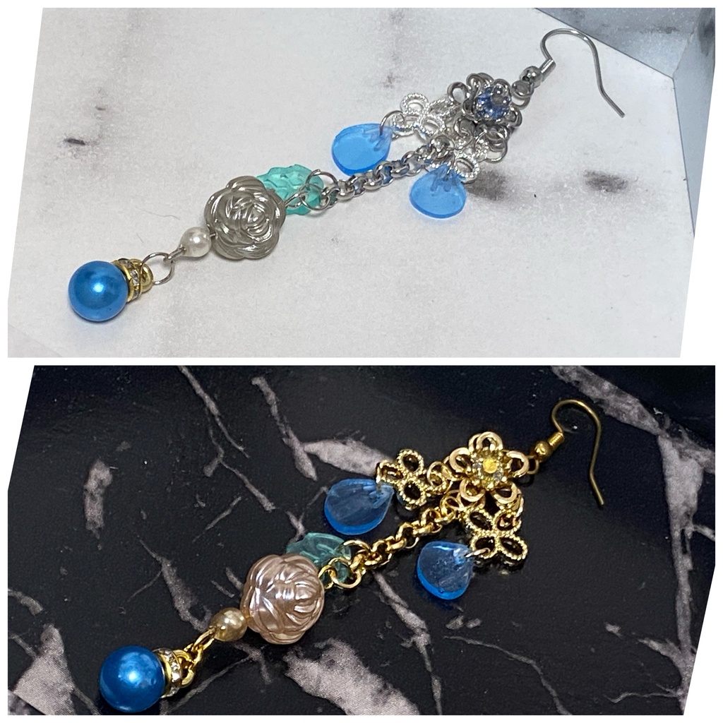 ローズペタル イヤリング ピアス ストラップ 水色