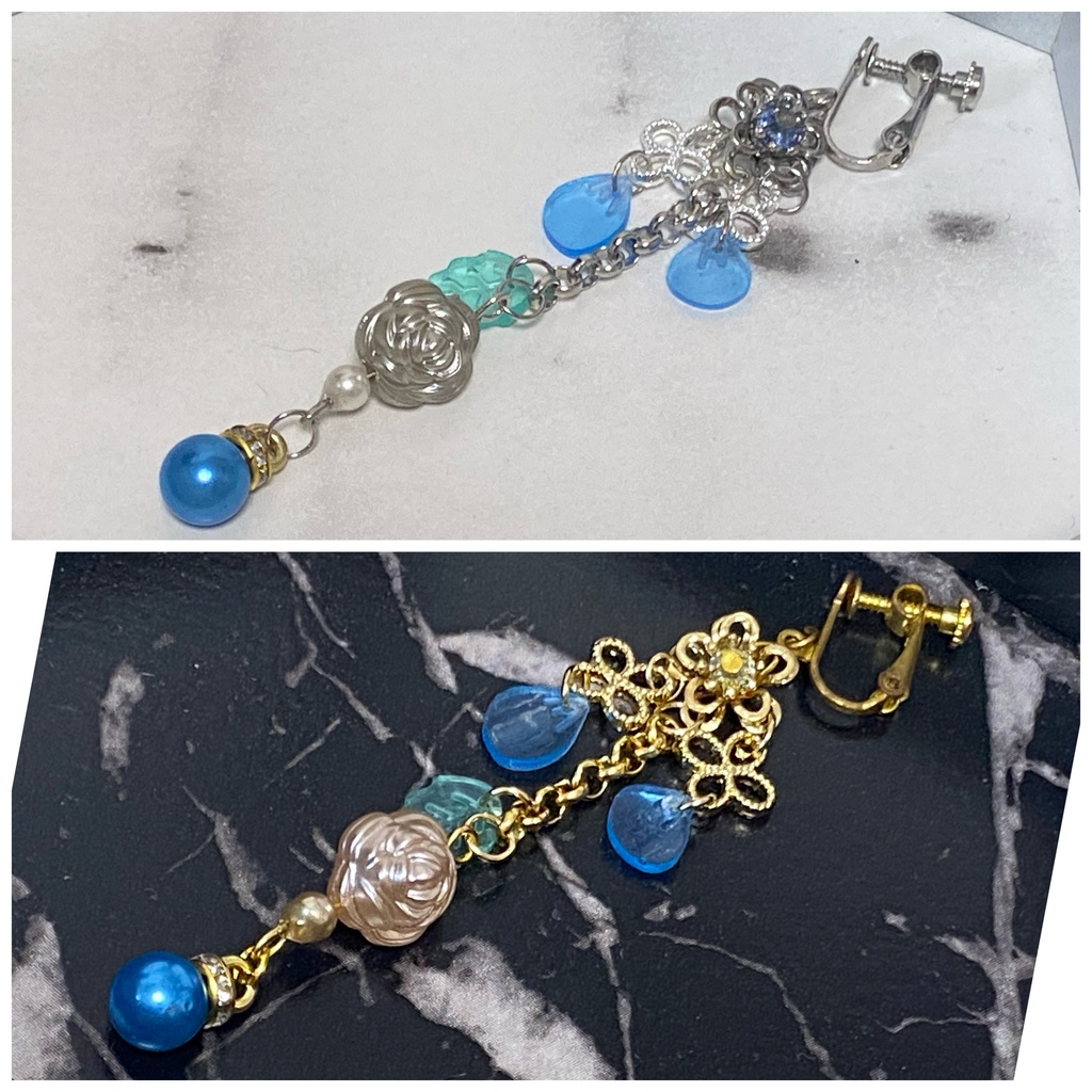 ローズペタル イヤリング ピアス ストラップ 水色