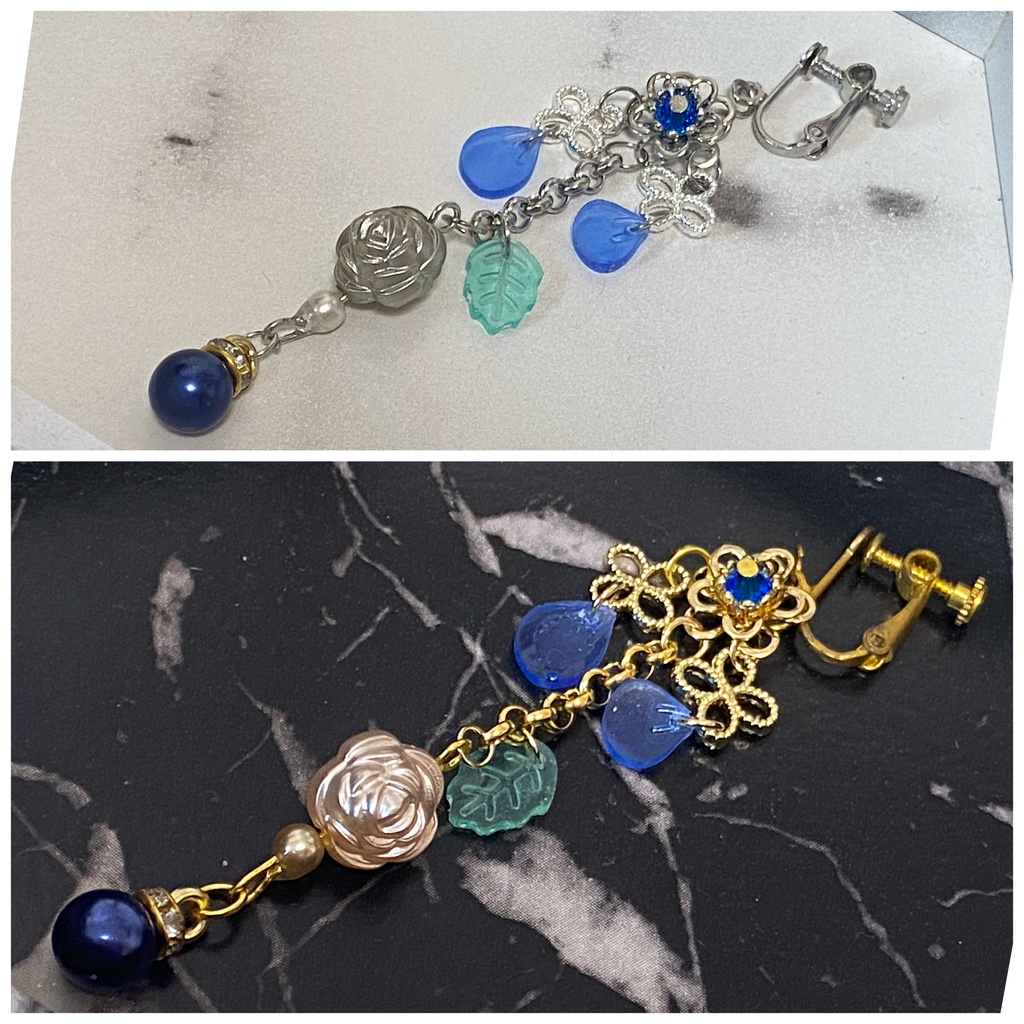 ローズペタル イヤリング ピアス ストラップ 青