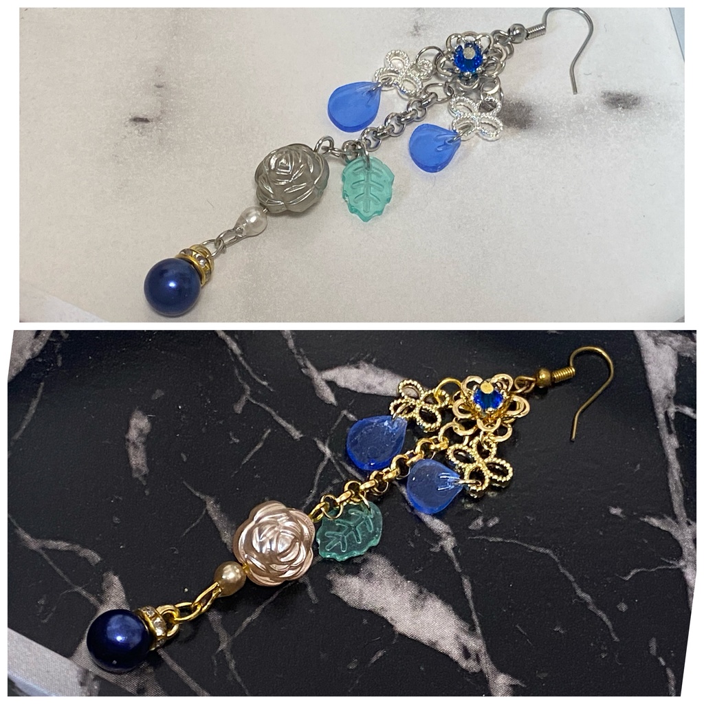 ローズペタル イヤリング ピアス ストラップ 青