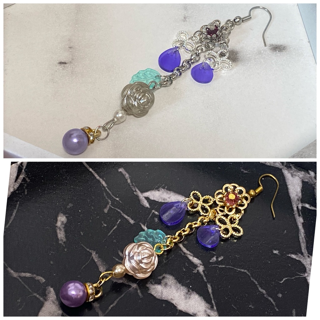 ローズペタル イヤリング ピアス ストラップ 紫