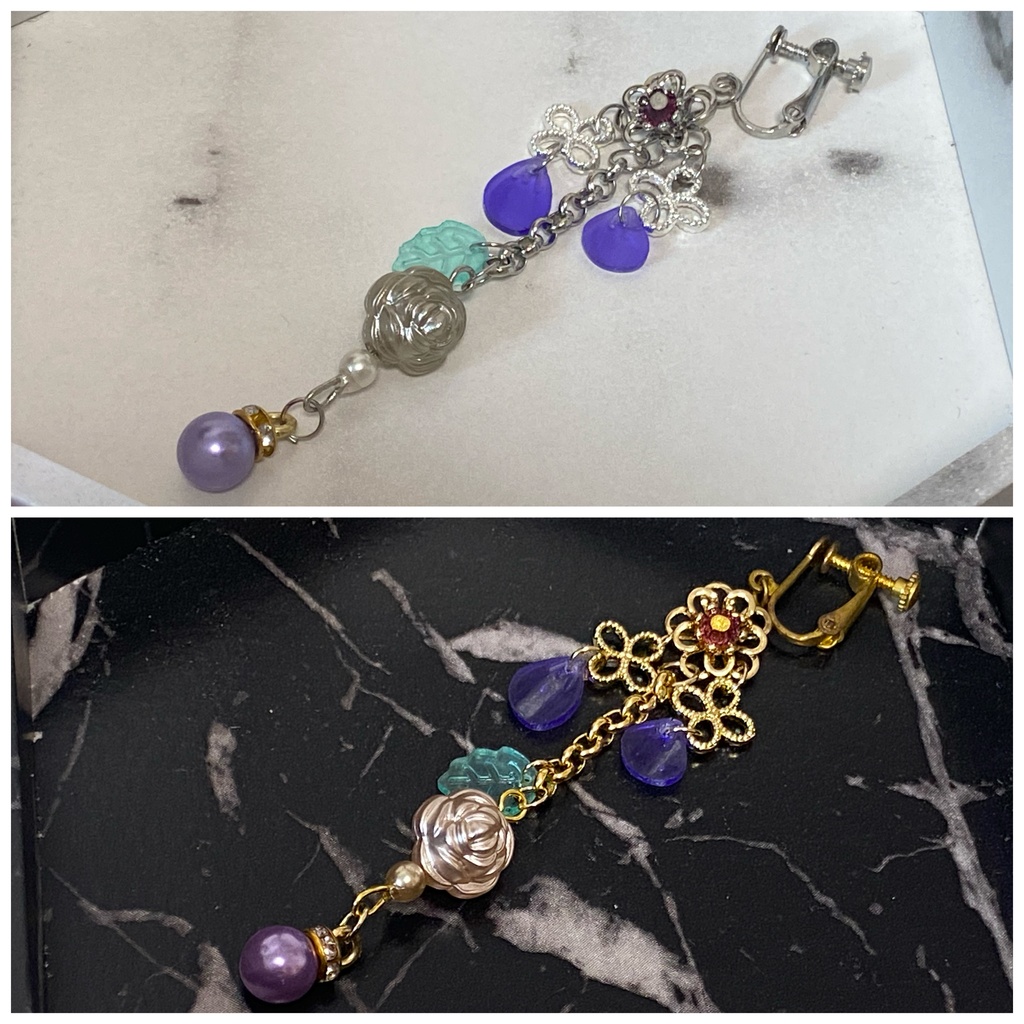 ローズペタル イヤリング ピアス ストラップ 紫