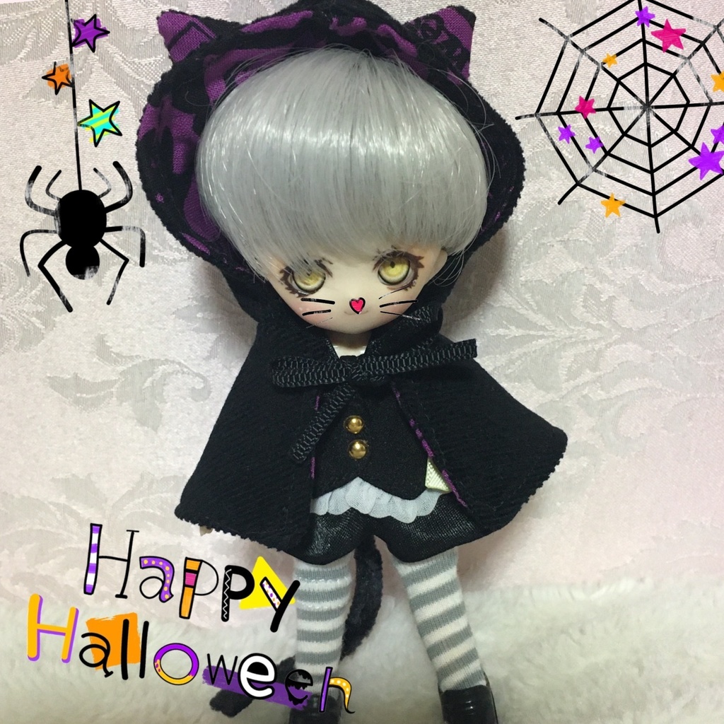 オビツ11、ねんどろいどどーる用 黒猫ハロウィンケープ