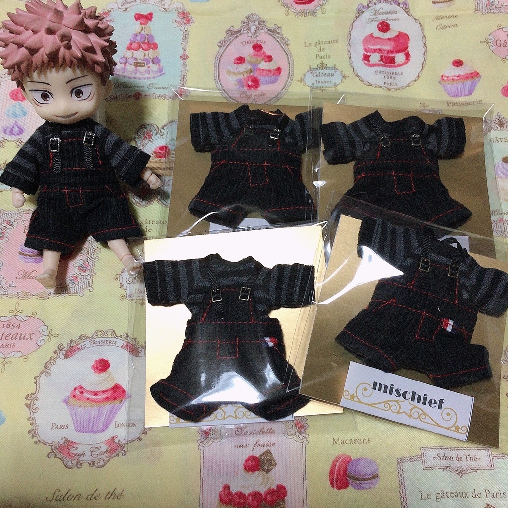【オビツ11、ねんどろいどどーる】黒ボーダーシャツ&短パンサロペット