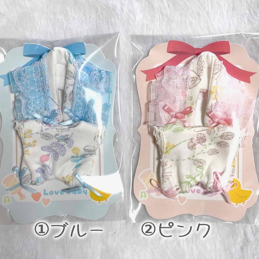 【5㎝ぬい・全長8cm前後ぬい向け】花柄ベビーロンパースセット(ブルー/ピンク)