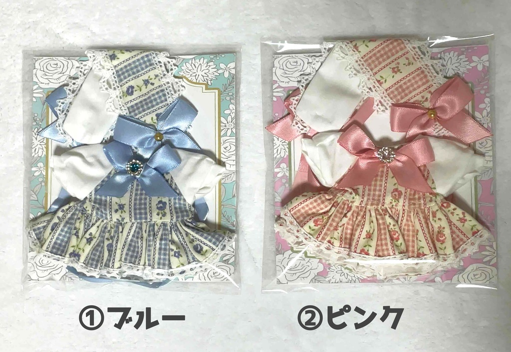 【10cmぬい・15cm前後ぬい】ヘッドリボン付きワンピース(ブルー・ピンク)