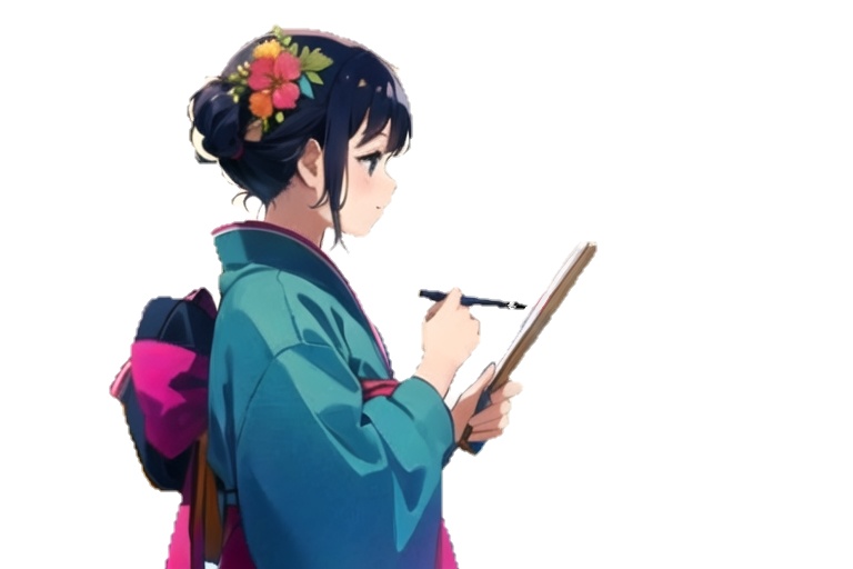 短冊に句を詠む少女、**「著作権フリー」「商用利用可」**