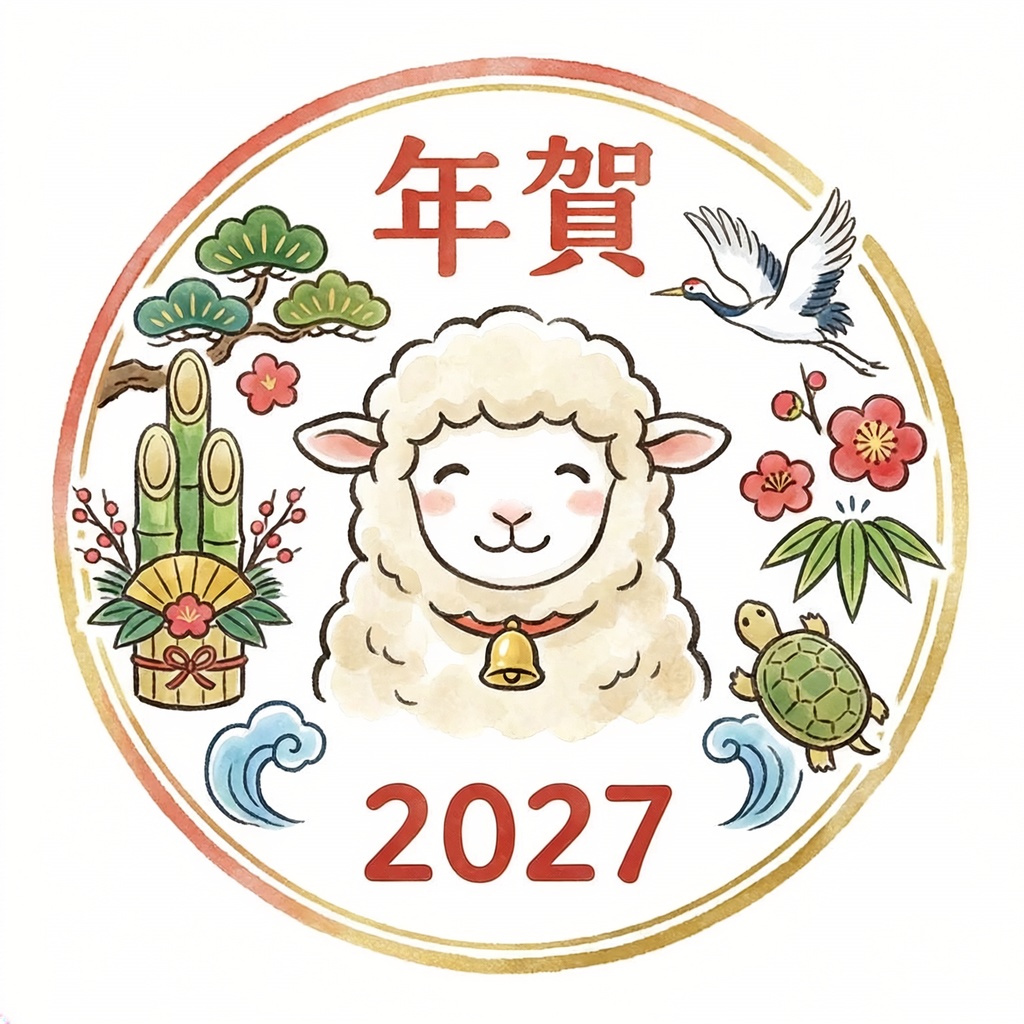 【無料】2027年未年年賀状イラスト素材6枚、**「著作権フリー」「商用利用可」**