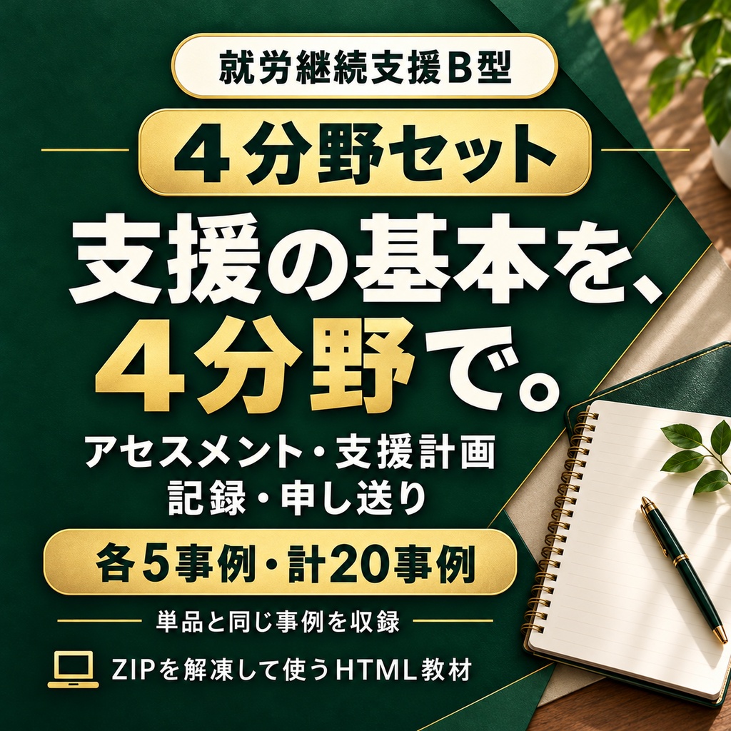 就労継続支援B型|アセスメント・支援計画・記録・申し送り|4分野20事例セット