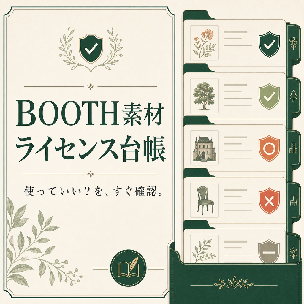 BOOTH購入素材 規約台帳｜VRChat・3D素材の商用／配信／改変条件を整理【無料版あり・オフライン】