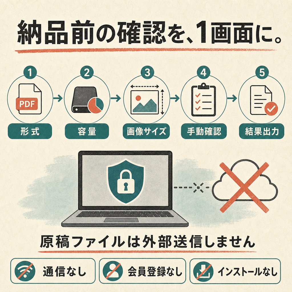 合同誌原稿 納品前チェッカー|ファイル形式・容量・画像サイズ・入稿漏れをまとめて確認【無料版あり】